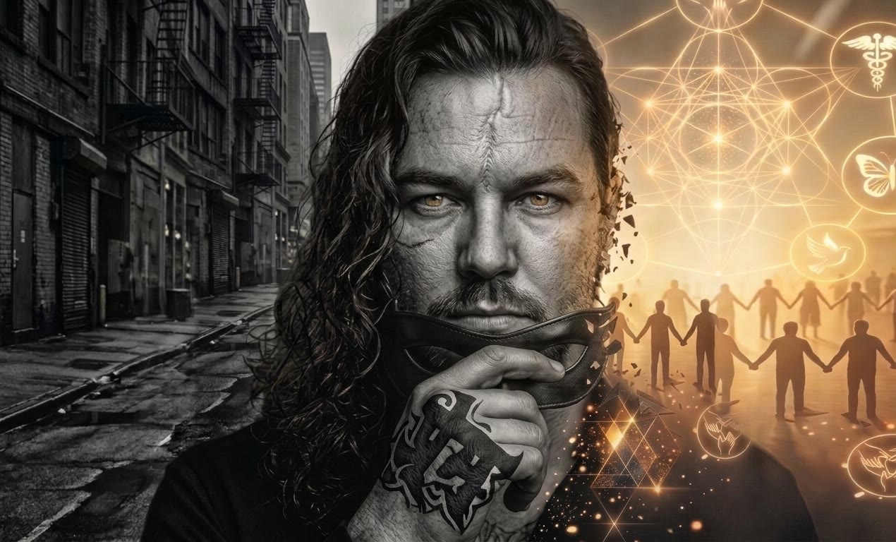 Portrait of Sean Patrick Barrett lowering a black mask — a grayscale city street on one side, golden sacred geometry and a circle of people holding hands on the other.