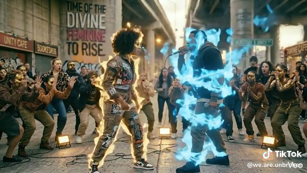 Two performers face off in a street battle, one surrounded by gold light, the other by blue flame, as a crowd watches.