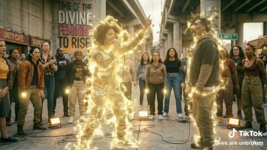 The same two performers, now both glowing gold, facing each other in front of the crowd.