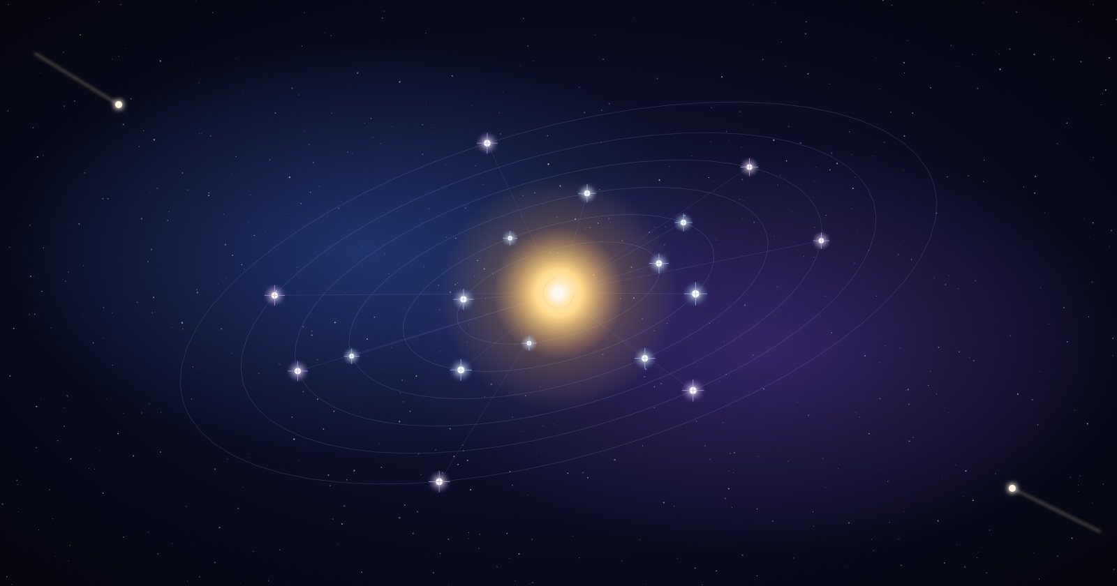 Seventeen stars — blue and violet — orbit a glowing golden center on tilted rings, while two warm comets drift at the edges of the frame.
