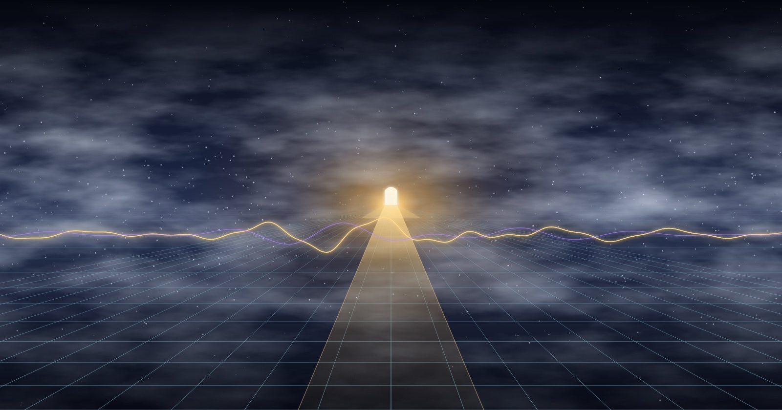 A luminous grid path runs through drifting fog toward a small glowing doorway on the horizon, while a golden sound wave hums across the field.