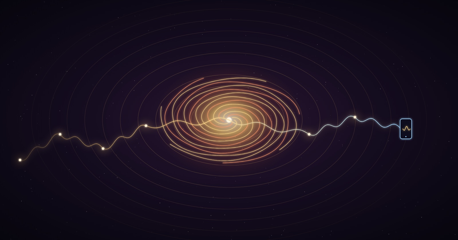 A whirling spiral of gold sound waves sends ripples outward, while a thread of breath passes from light to light across the dark and ends in a small glowing phone.